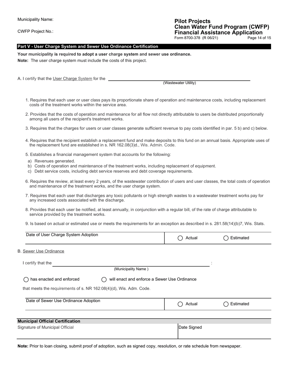 Form 8700-378 Pilot Projects Financial Assistance Application - Clean Water Fund Program (Cwfp) - Wisconsin, Page 15