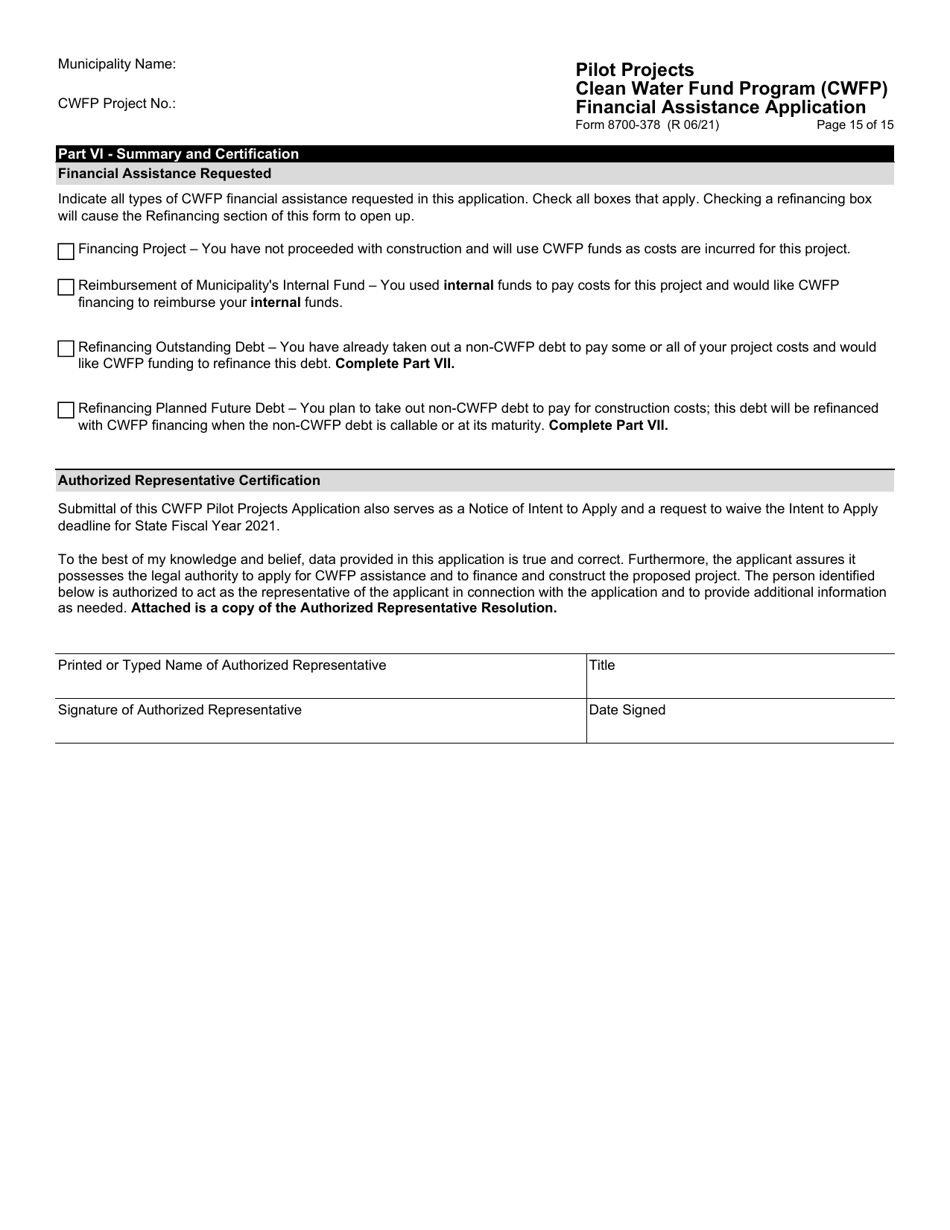 Form 8700-378 Pilot Projects Financial Assistance Application - Clean Water Fund Program (Cwfp) - Wisconsin, Page 16