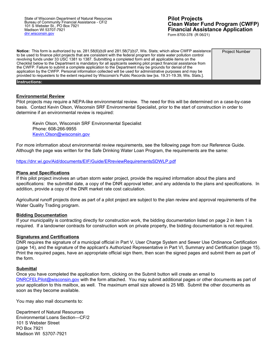 Form 8700-378 Pilot Projects Financial Assistance Application - Clean Water Fund Program (Cwfp) - Wisconsin, Page 1