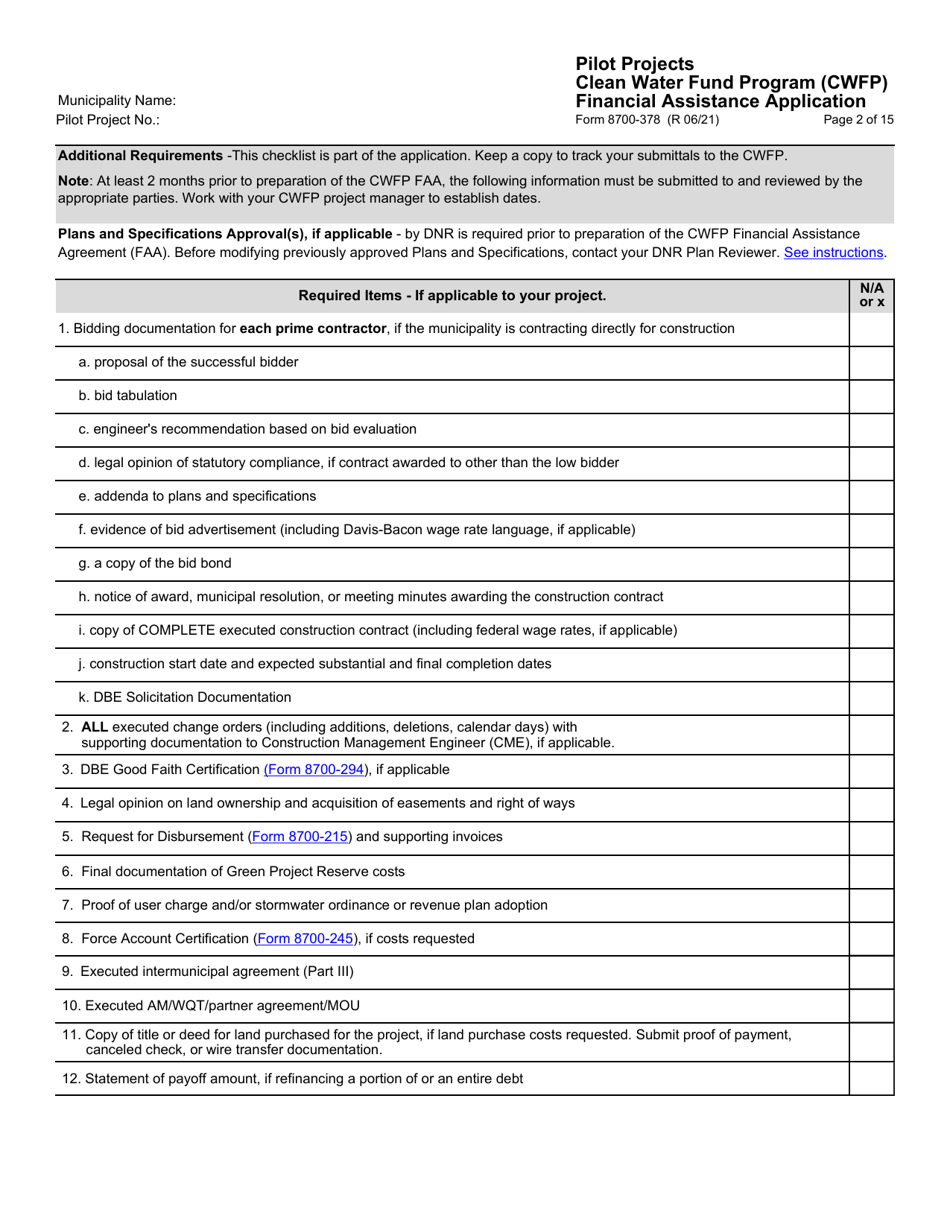 Form 8700-378 Pilot Projects Financial Assistance Application - Clean Water Fund Program (Cwfp) - Wisconsin, Page 3