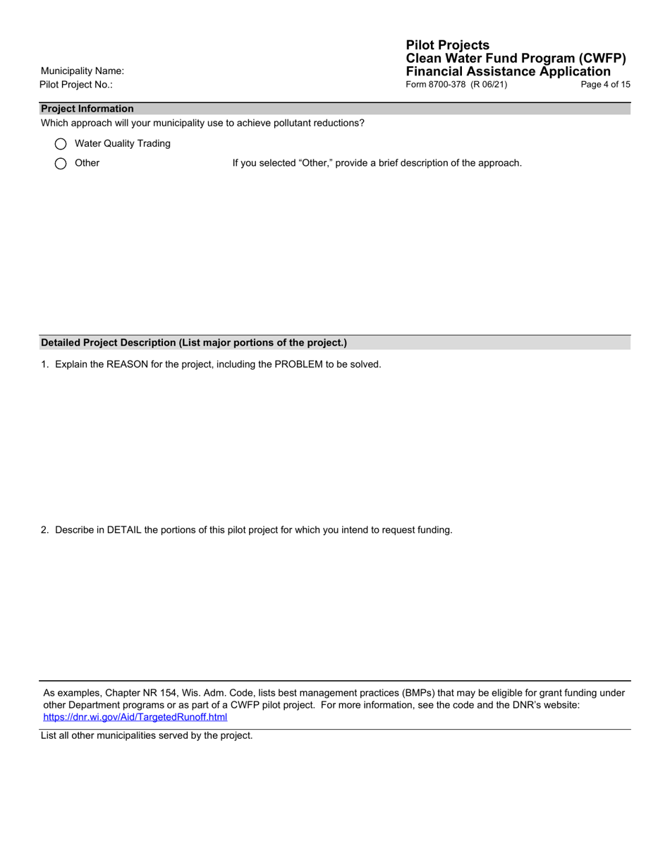 Form 8700-378 Pilot Projects Financial Assistance Application - Clean Water Fund Program (Cwfp) - Wisconsin, Page 5
