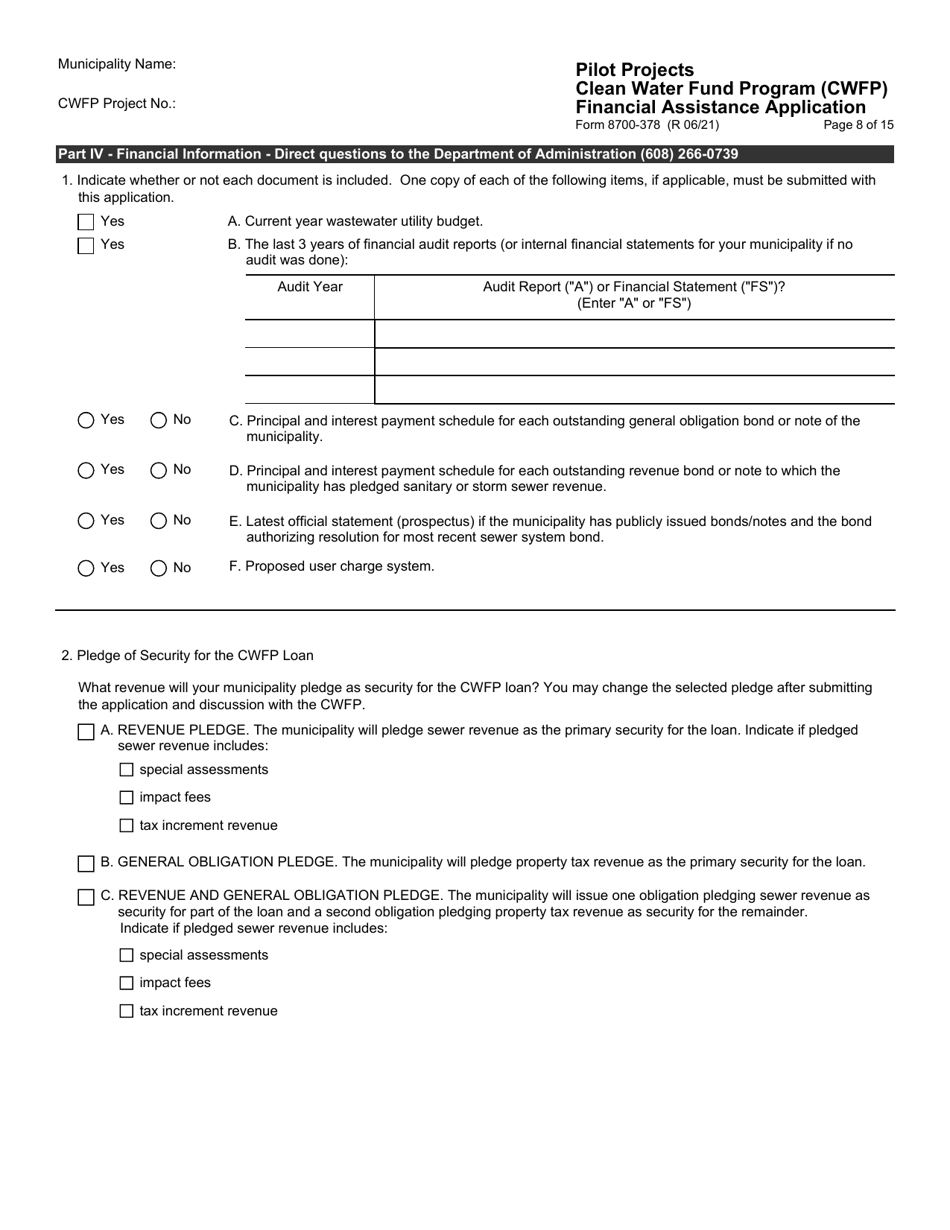 Form 8700-378 Pilot Projects Financial Assistance Application - Clean Water Fund Program (Cwfp) - Wisconsin, Page 9