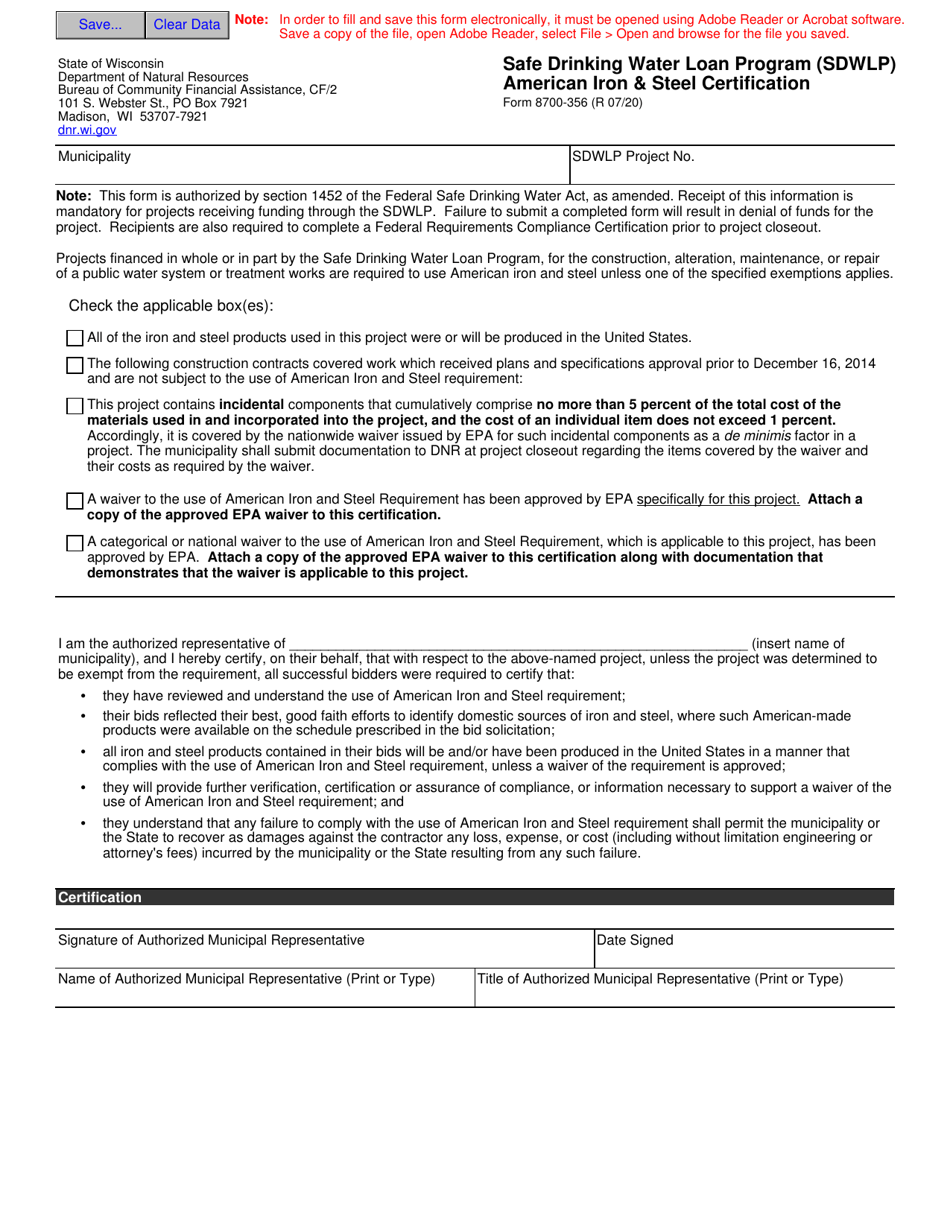 Form 8700-356 American Iron  Steel Certification - Safe Drinking Water Loan Program (Sdwlp) - Wisconsin, Page 1