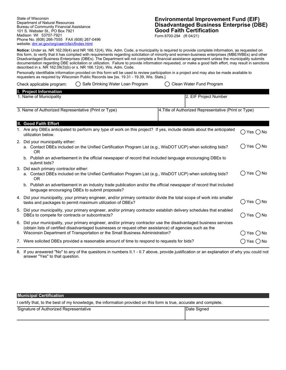 Form 8700-294 Dbe Good Faith Certification - Environmental Improvement Fund (Eif) - Wisconsin, Page 1