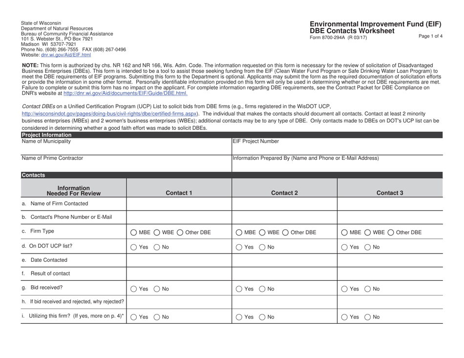 Form 8700-294A Dbe Contacts Worksheet - Environmental Improvement Fund (Eif) - Wisconsin, Page 1