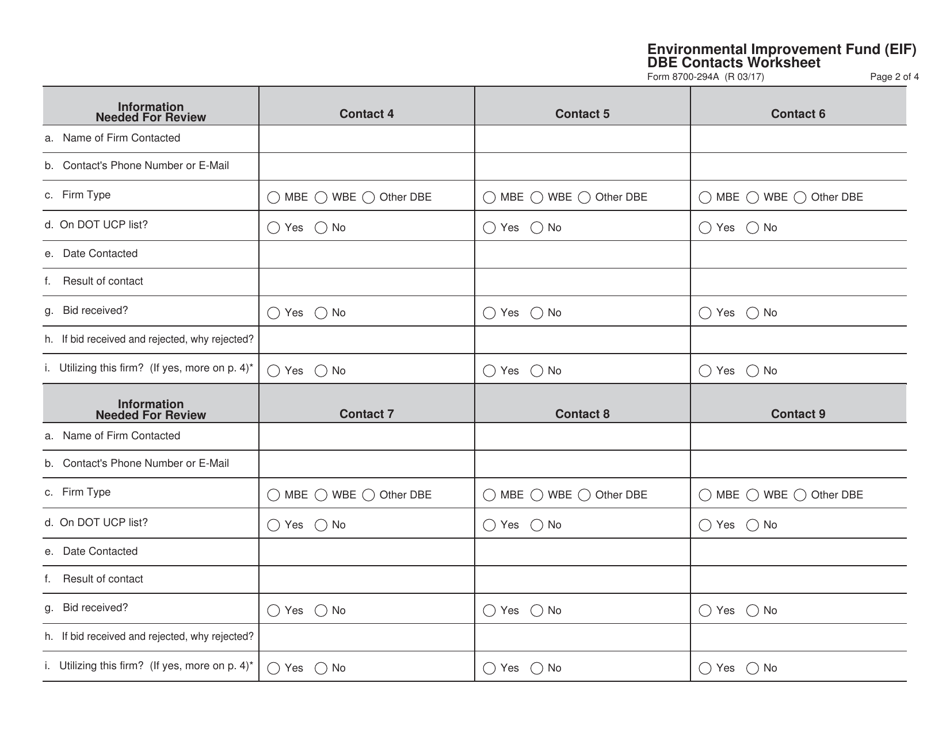 Form 8700-294A Dbe Contacts Worksheet - Environmental Improvement Fund (Eif) - Wisconsin, Page 2