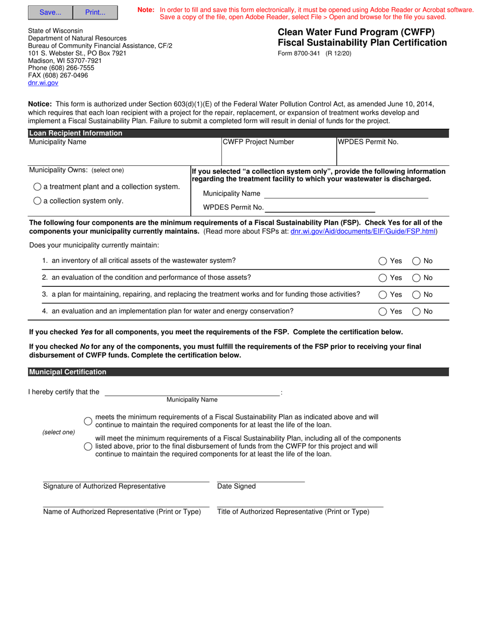 Form 8700-341 Fiscal Sustainability Plan Certification - Clean Water Fund Program (Cwfp) - Wisconsin, Page 1
