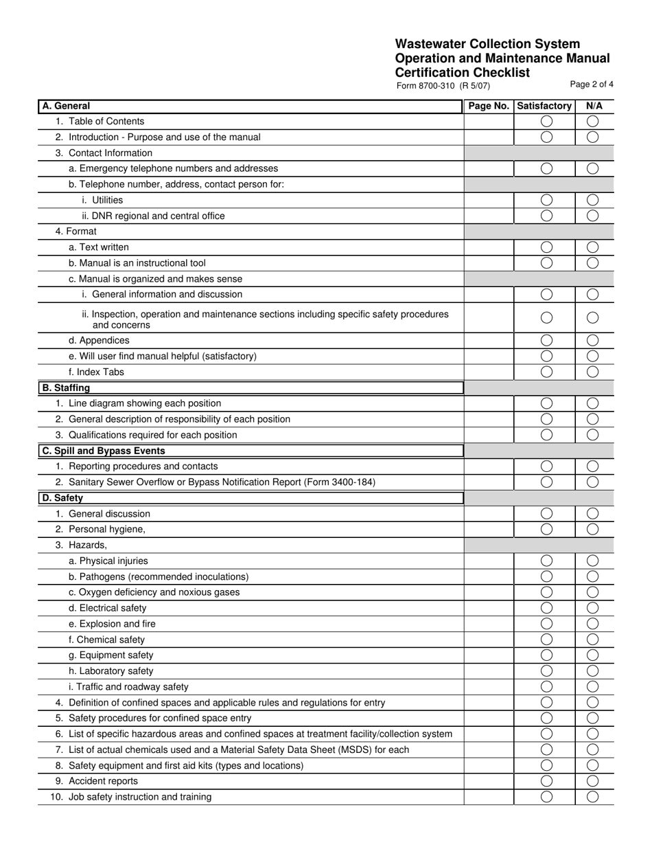 Form 8700-310 Wastewater Collection System Operation and Maintenance Manual Certification Checklist - Wisconsin, Page 2