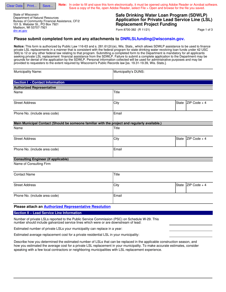 Form 8700-382 Application for Private Lead Service Line (Lsl) Replacement Project Funding - Safe Drinking Water Loan Program (Sdwlp) - Wisconsin, Page 1