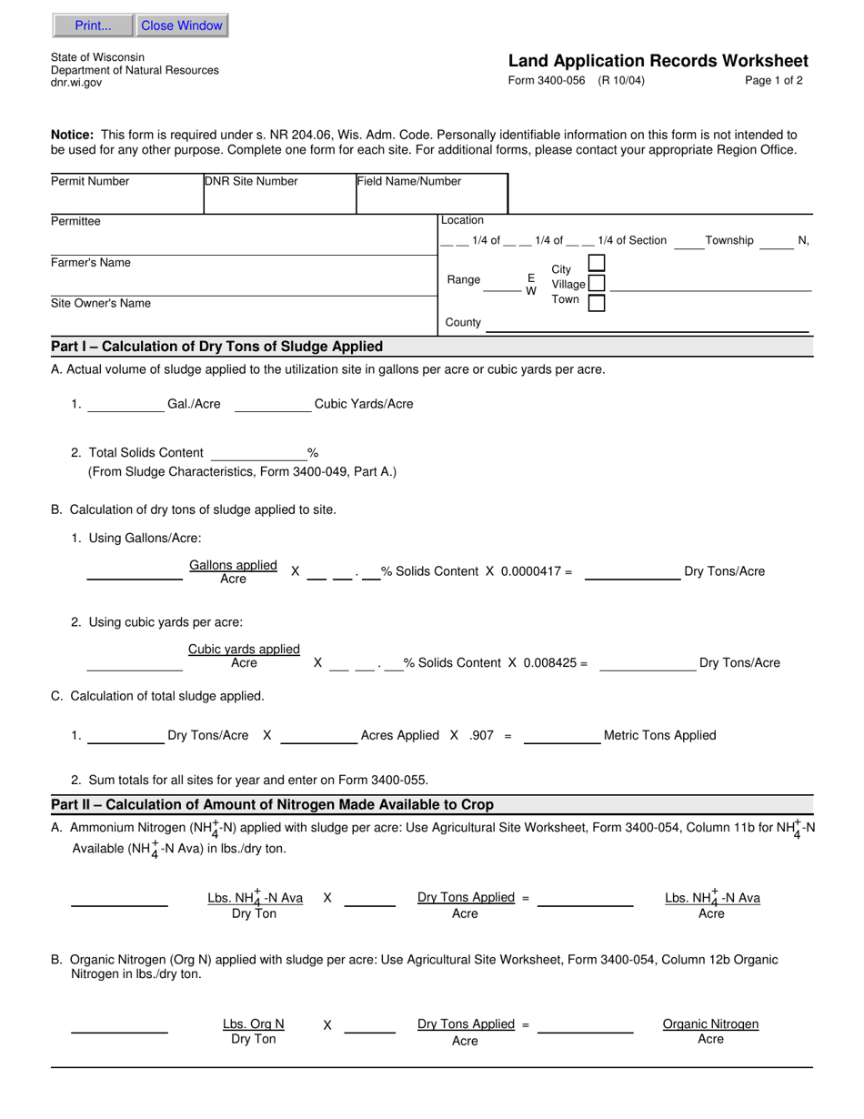 Form 3400-056 Land Application Records Worksheet - Wisconsin, Page 1