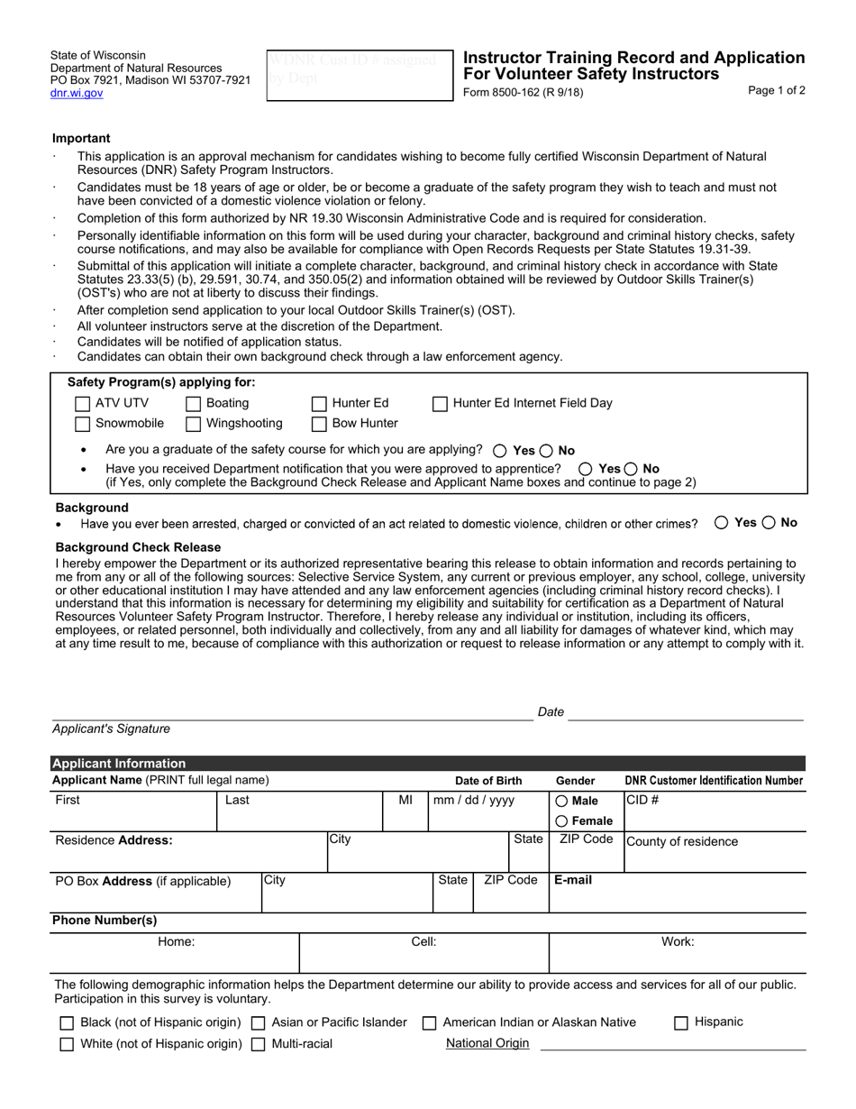 Form 8500-162 Instructor Training Record and Application for Volunteer Safety Instructors - Wisconsin, Page 1
