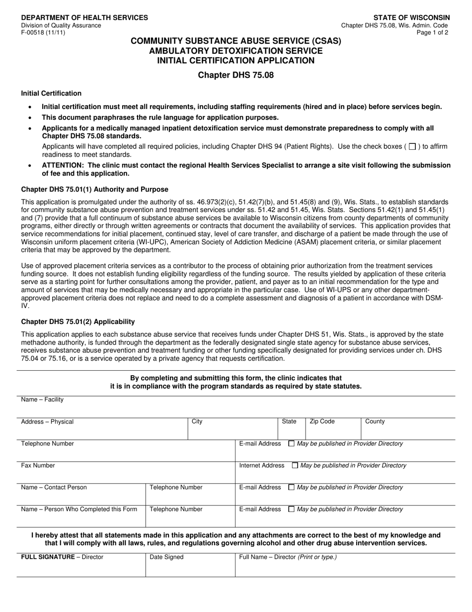 Form F-00518 Community Substance Abuse Services (Csas) Ambulatory Detoxification Service Initial Certification Application - Wisconsin, Page 1