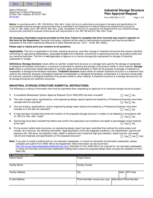 Form 3400-225 Industrial Storage Structure Plan Approval Request - Wisconsin
