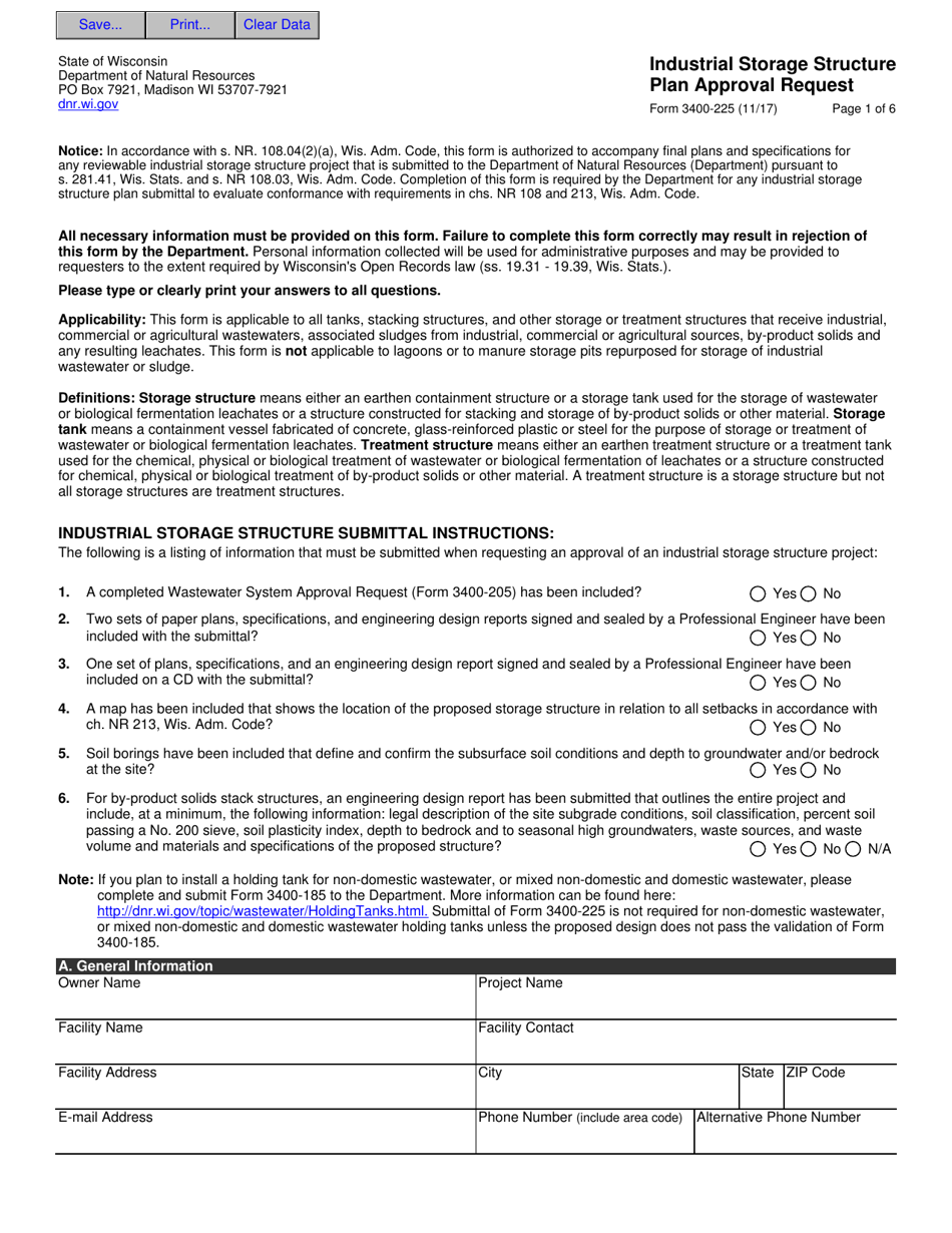Form 3400-225 Industrial Storage Structure Plan Approval Request - Wisconsin, Page 1