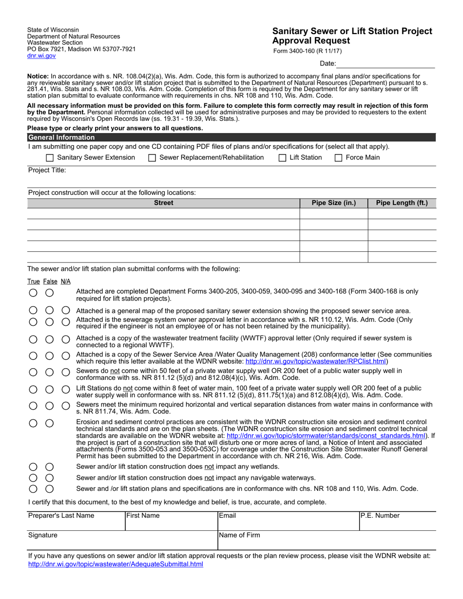 Form 3400-160 Sanitary Sewer or Lift Station Project Approval Request - Wisconsin, Page 1