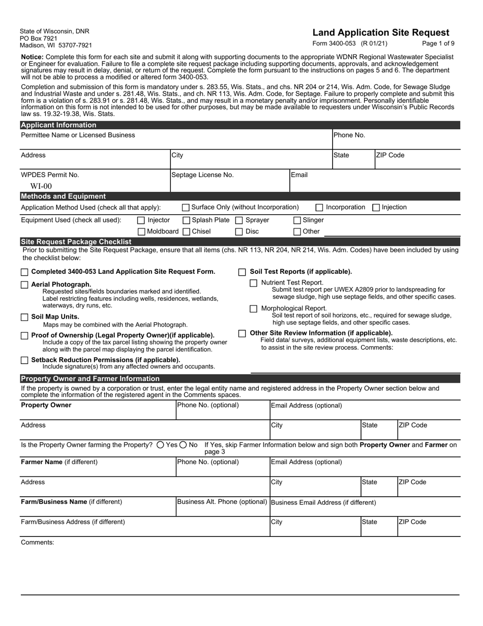Form 3400-053 Land Application Site Request - Wisconsin, Page 1