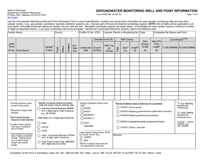 Form 4400-089 Groundwater Monitoring Well and Point Information - Wisconsin