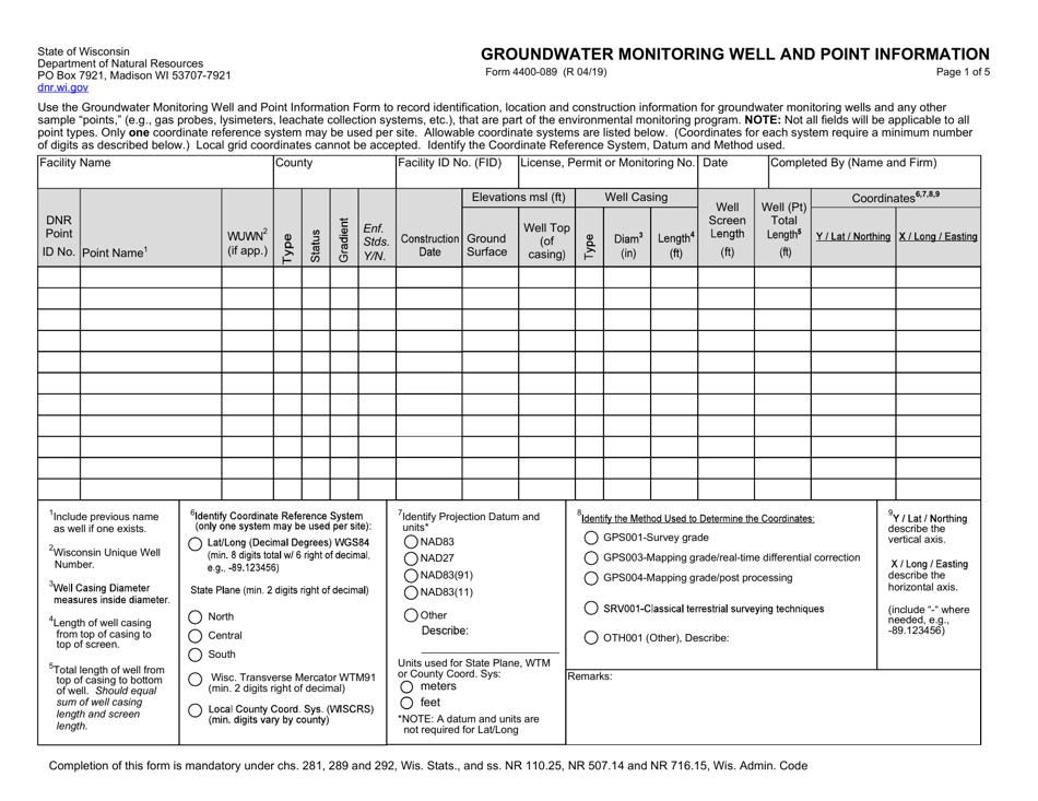 Form 4400-089 Groundwater Monitoring Well and Point Information - Wisconsin, Page 1