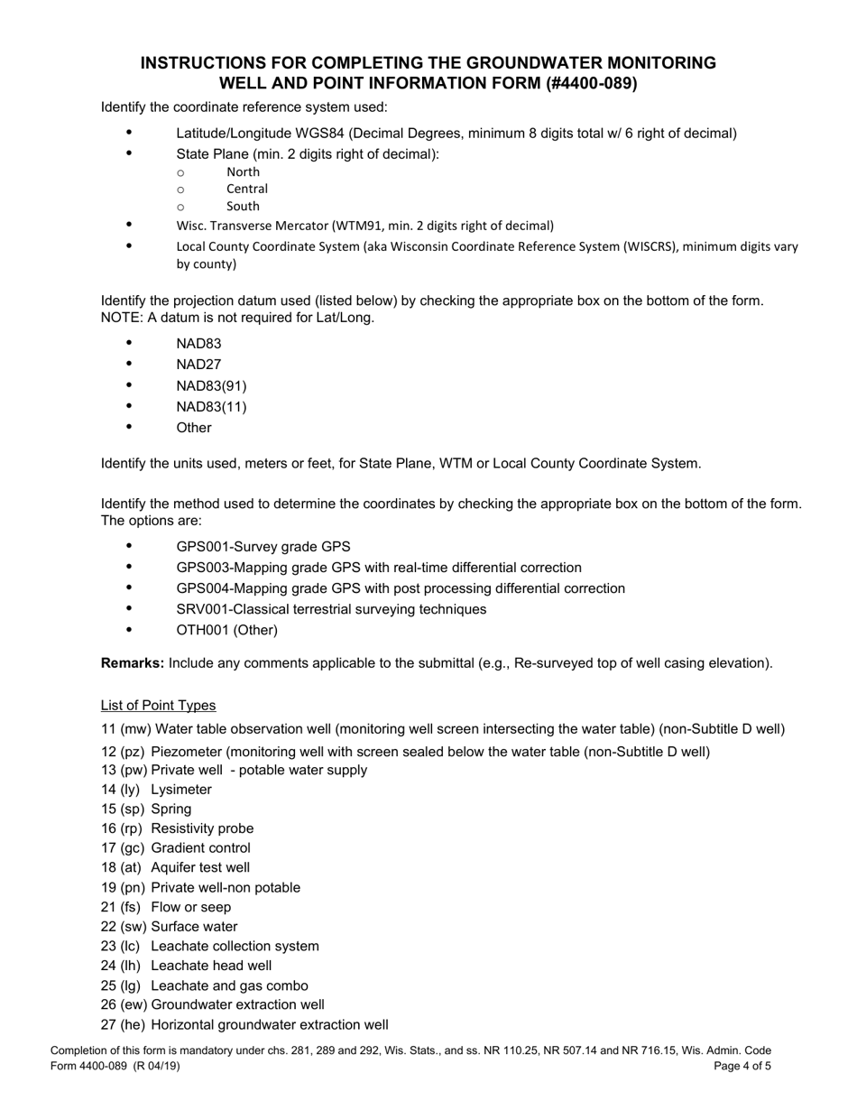 Form 4400-089 Groundwater Monitoring Well and Point Information - Wisconsin, Page 4