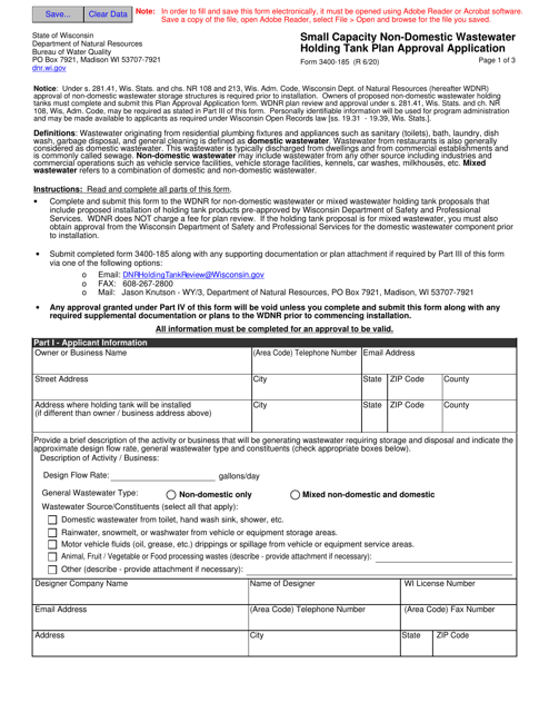 Form 3400-185 Small Capacity Non-domestic Wastewater Holding Tank Plan Approval Application - Wisconsin