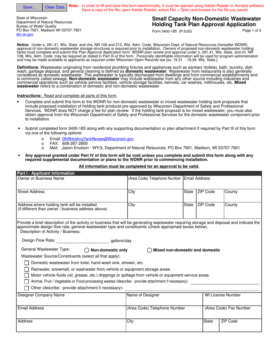Form 3400-185 Small Capacity Non-domestic Wastewater Holding Tank Plan Approval Application - Wisconsin, Page 1
