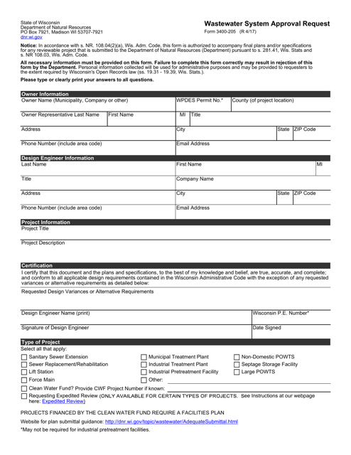 Form 3400-205 Wastewater System Approval Request - Wisconsin