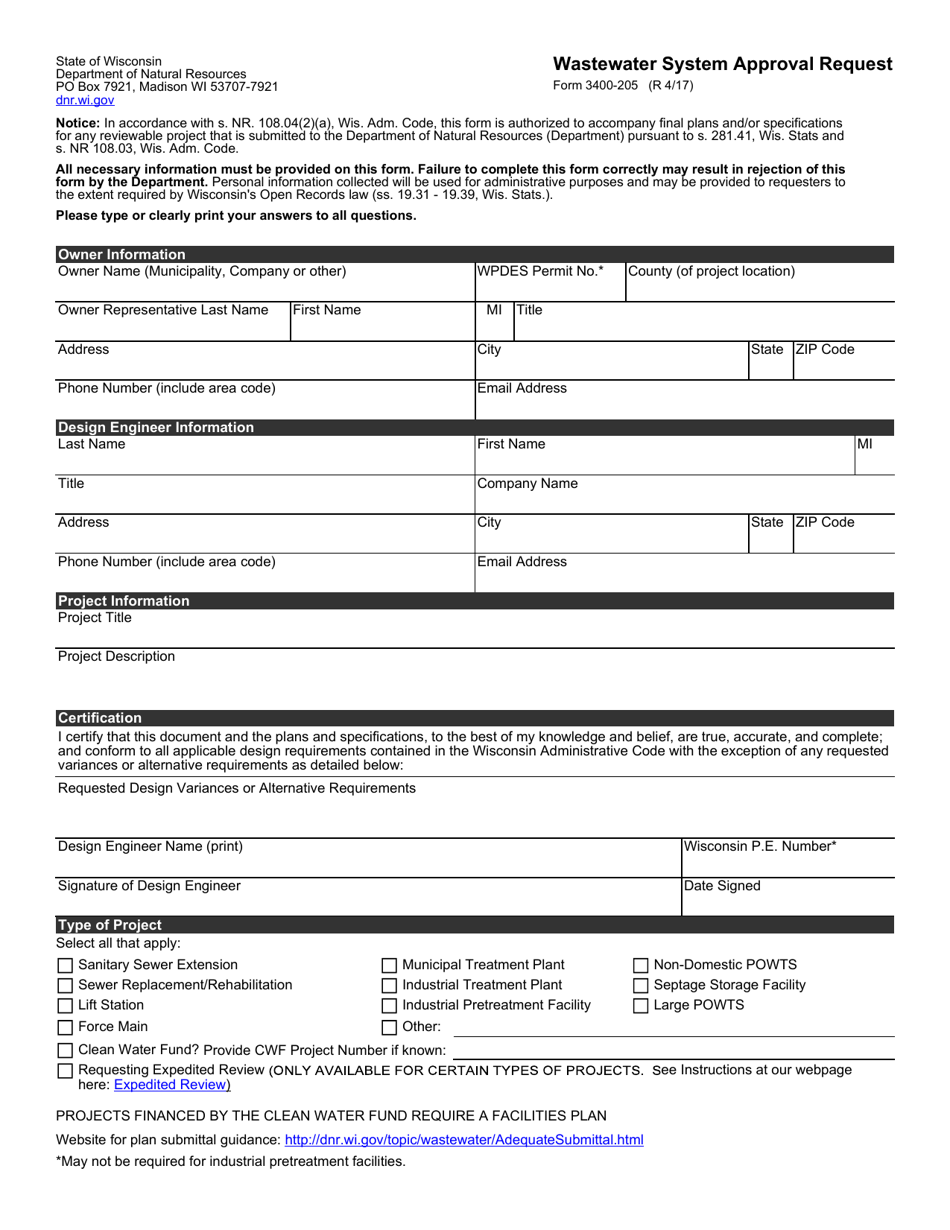 Form 3400-205 Wastewater System Approval Request - Wisconsin, Page 1