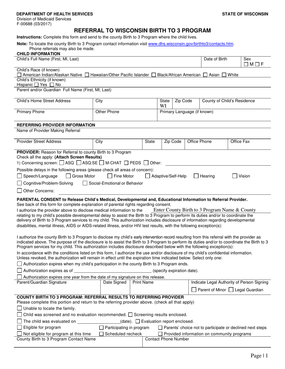 Form F-00688 Referral to Wisconsin Birth to 3 Program - Wisconsin, Page 1