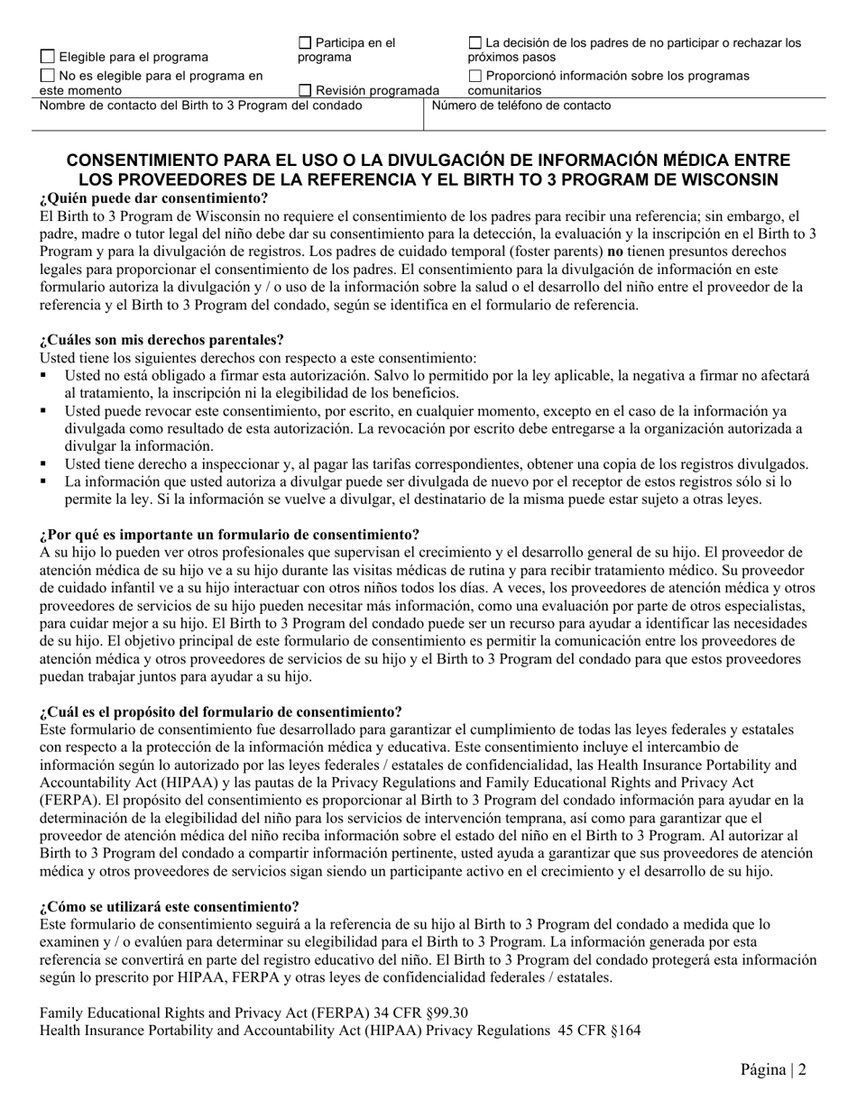 Formulario F-00688 Referencia Al Birth to 3program De Wisconsin - Wisconsin (Spanish), Page 2