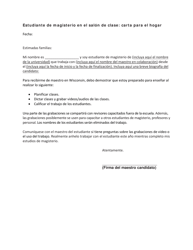 Document preview: Estudiante De Magisterio En El Salon De Clase: Carta Para El Hogar - Wisconsin (Spanish)