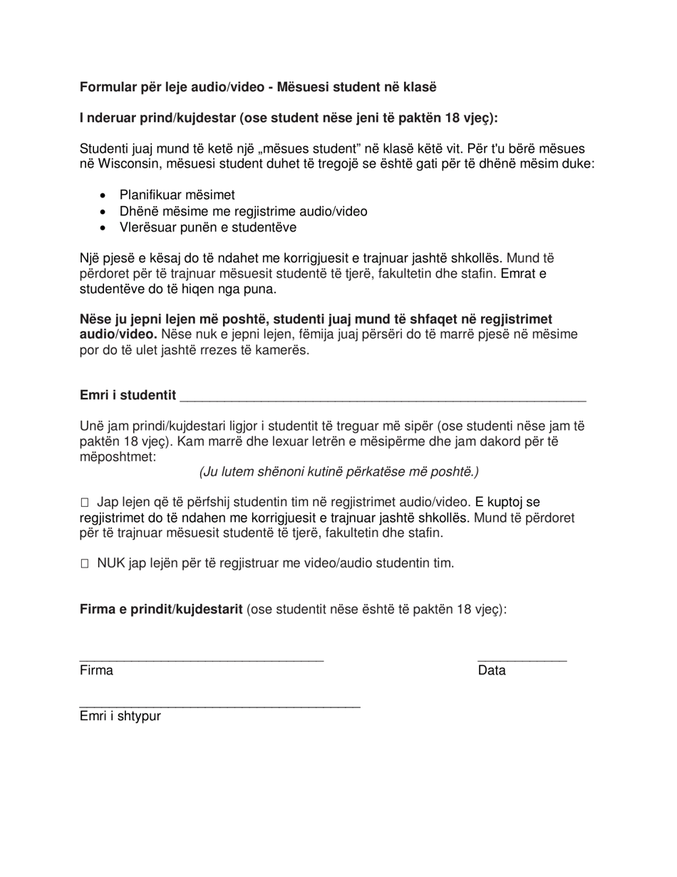 Video/Audio Permission Form - Student Teacher in the Classroom - Wisconsin (Albanian), Page 1