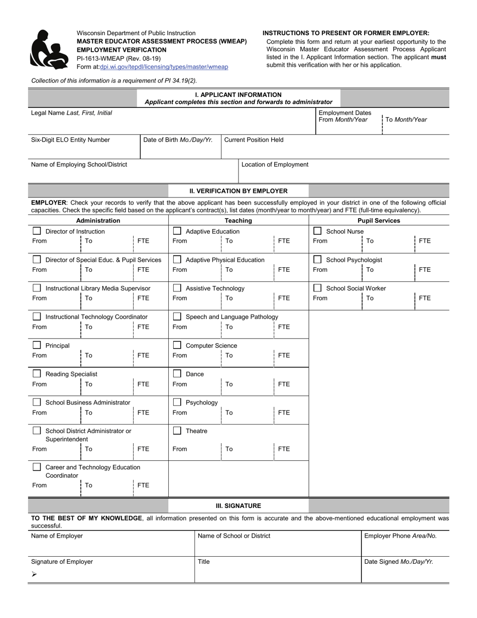 Form PI-1613-WMEAP Master Educator Assessment Process (Wmeap) Employment Verification - Wisconsin, Page 1