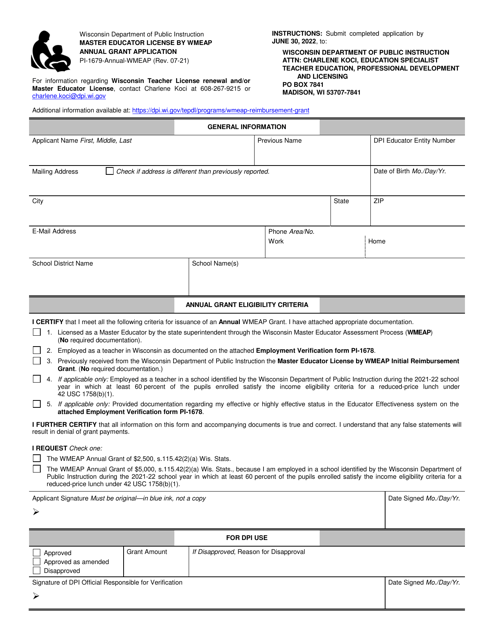 Form PI-1679-ANNUAL-WMEAP Master Educator License by Wmeap Annual Grant Application - Wisconsin
