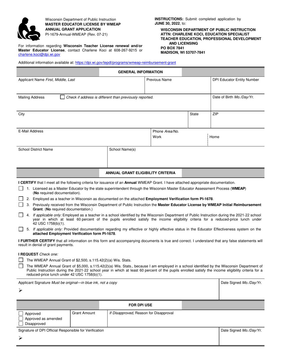 Form PI-1679-ANNUAL-WMEAP Master Educator License by Wmeap Annual Grant Application - Wisconsin, Page 1