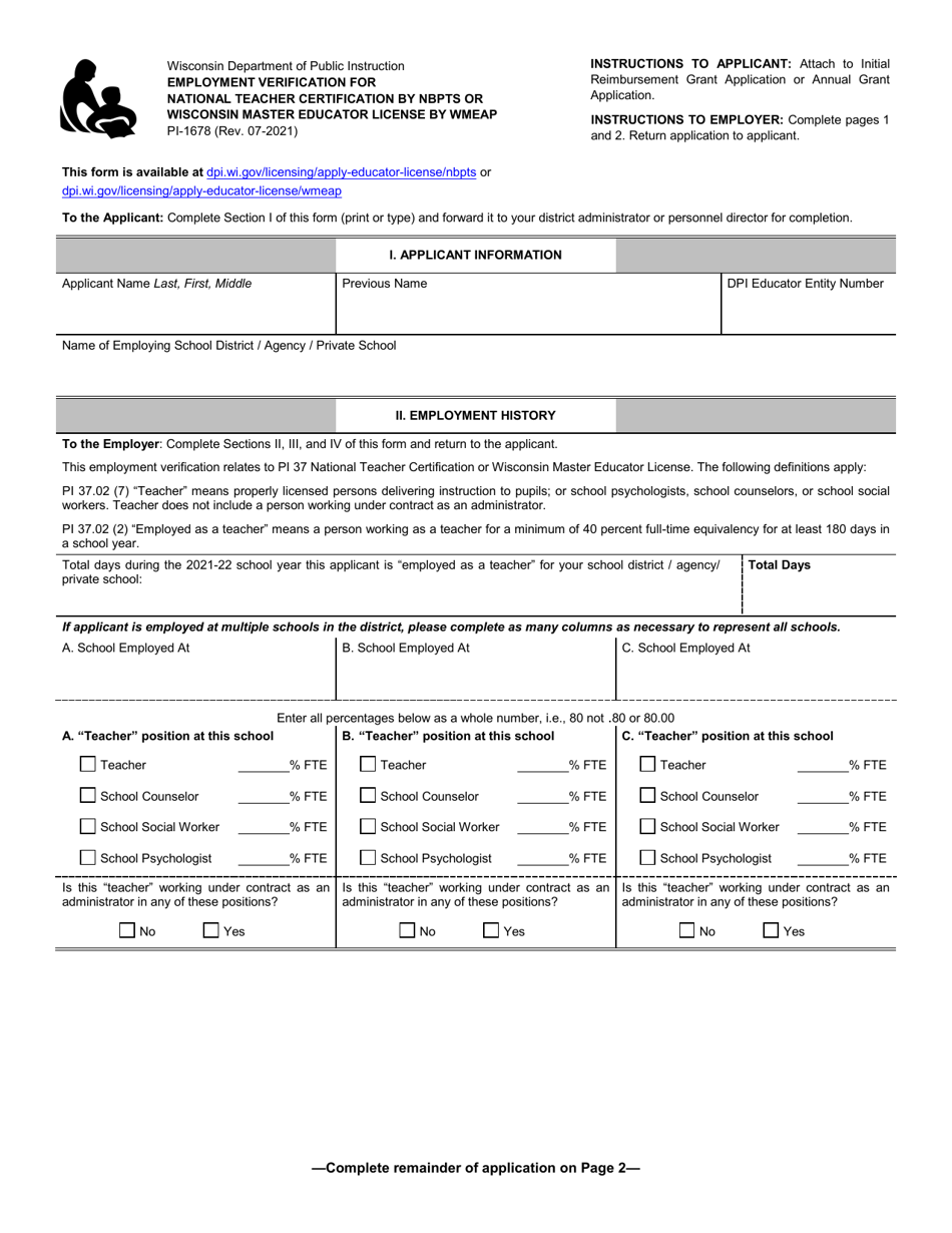 Form PI-1678 Employment Verification for National Teacher Certification by Nbpts or Wisconsin Master Educator License by Wmeap - Wisconsin, Page 1