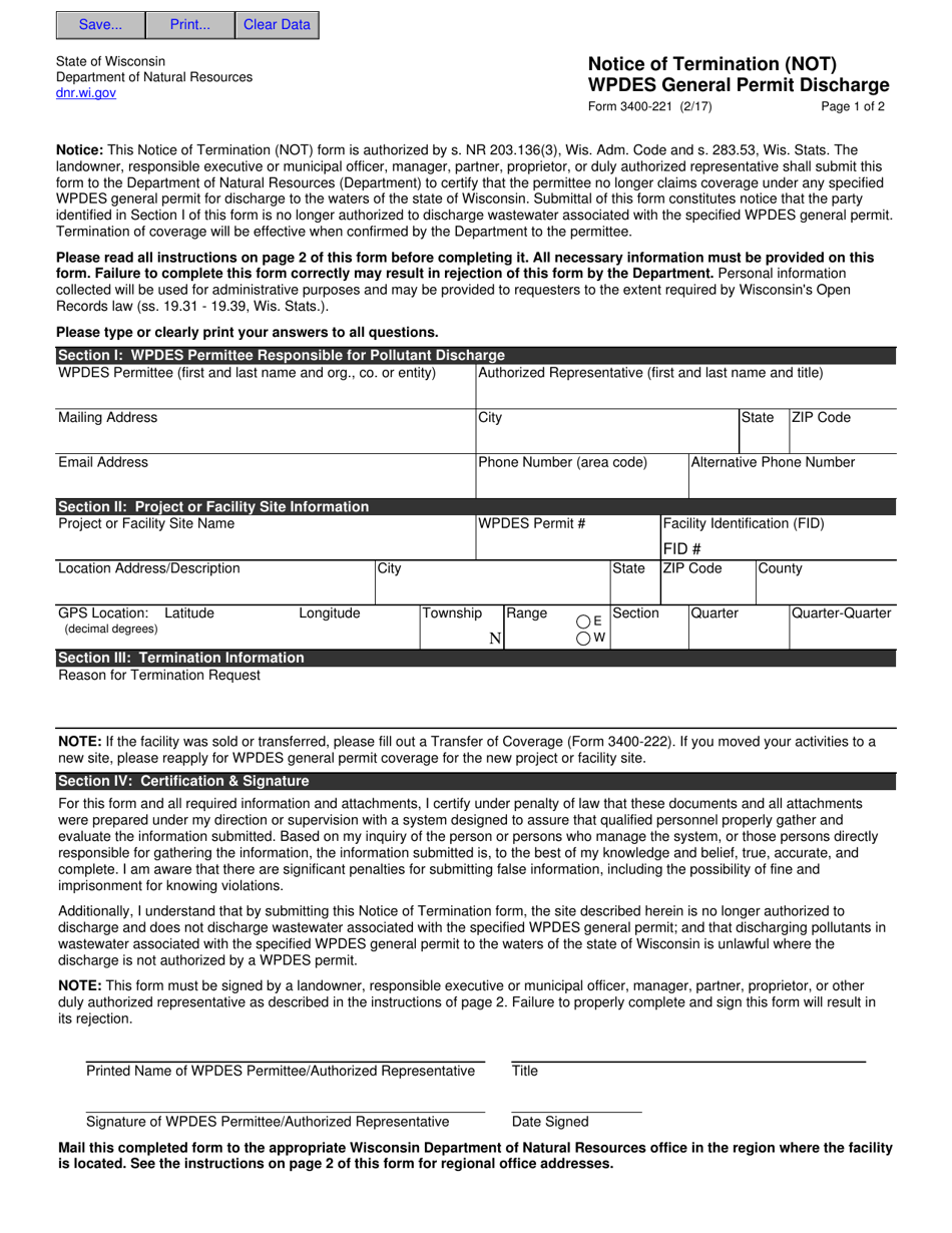 Form 3400-221 Notice of Termination (Not) Wpdes General Permit Discharge - Wisconsin, Page 1