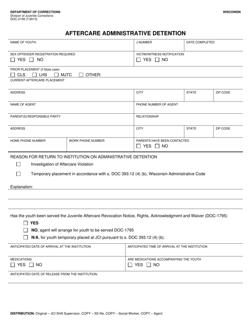 Form DOC-2109 Aftercare Administrative Detention - Wisconsin