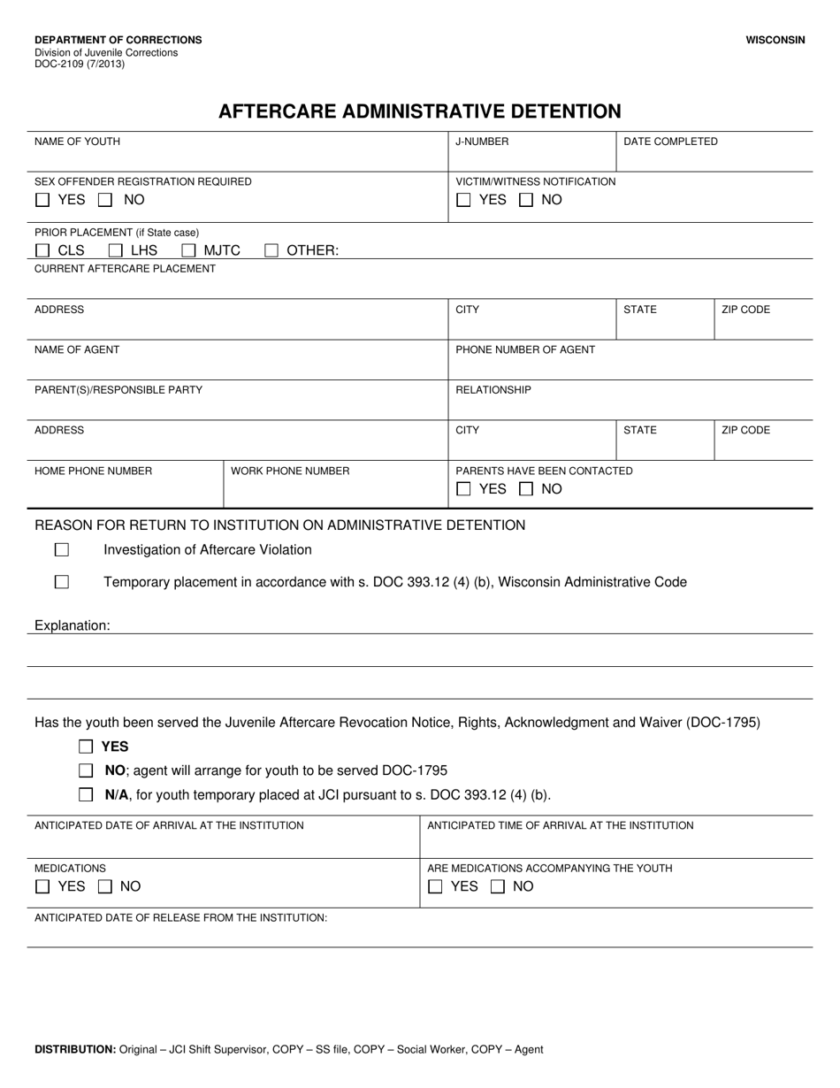 Form DOC-2109 Aftercare Administrative Detention - Wisconsin, Page 1
