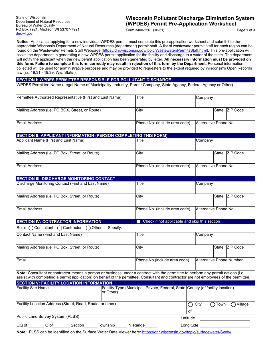 Form 3400-256 Wisconsin Pollutant Discharge Elimination System (Wpdes) Permit Pre-application Worksheet - Wisconsin, Page 1