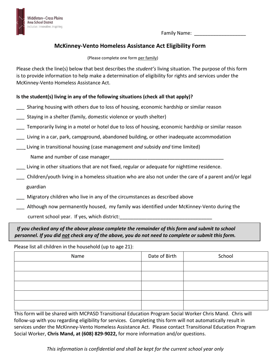 Mckinney-Vento Homeless Assistance Act Eligibility Form - Middleton-Cross Plains Area School District - Wisconsin, Page 1