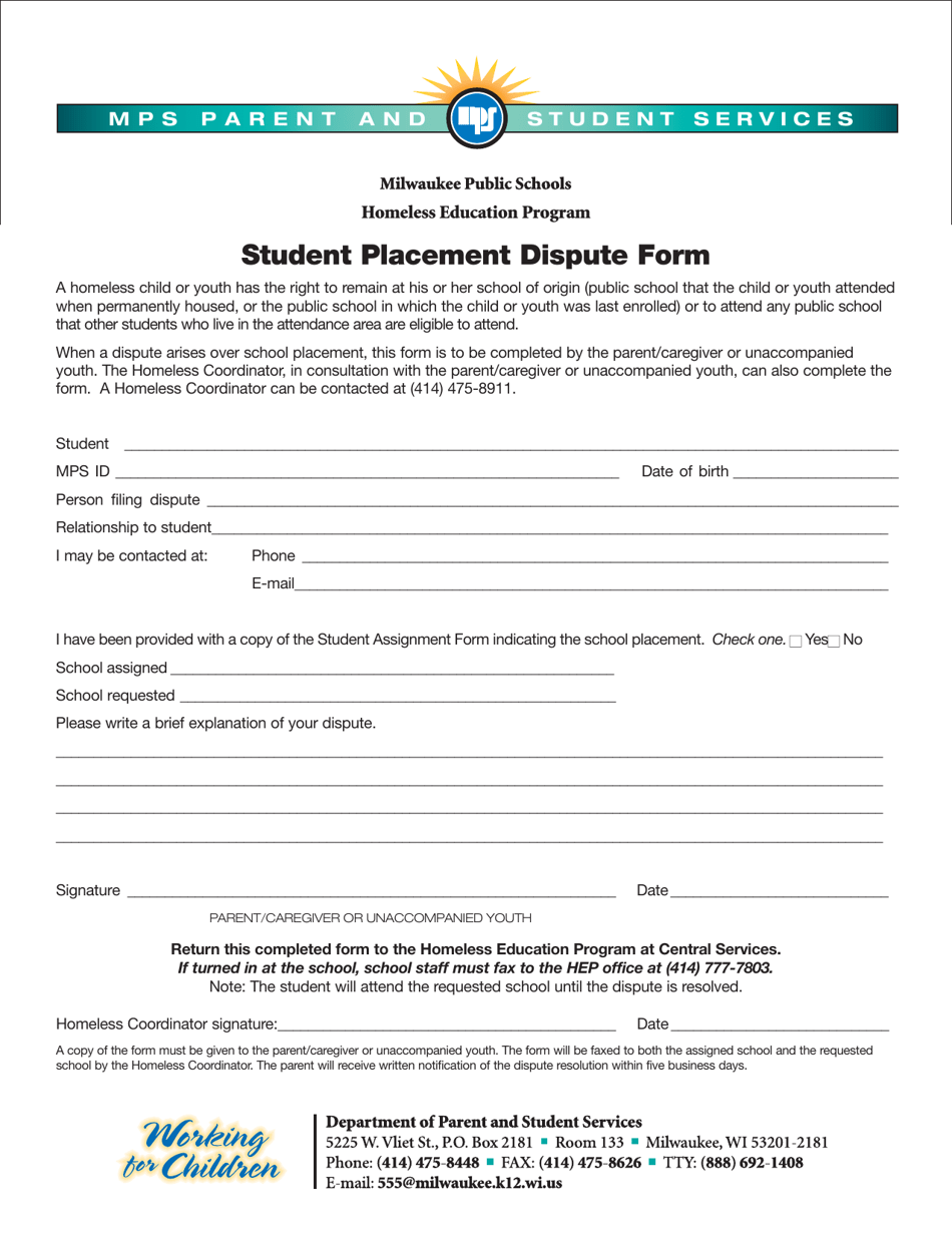 Student Placement Dispute Form - Homeless Education Program - Milwaukee Public Schools - Wisconsin, Page 1