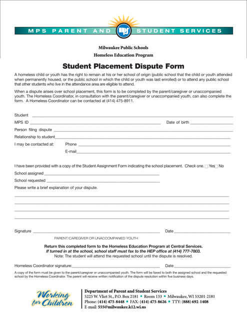 Student Placement Dispute Form - Homeless Education Program - Milwaukee Public Schools - Wisconsin Download Pdf