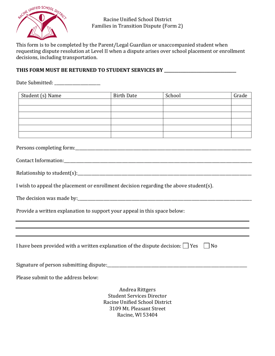 Form 2 Families in Transition Dispute Form - Racine Unified School District - Wisconsin, Page 1