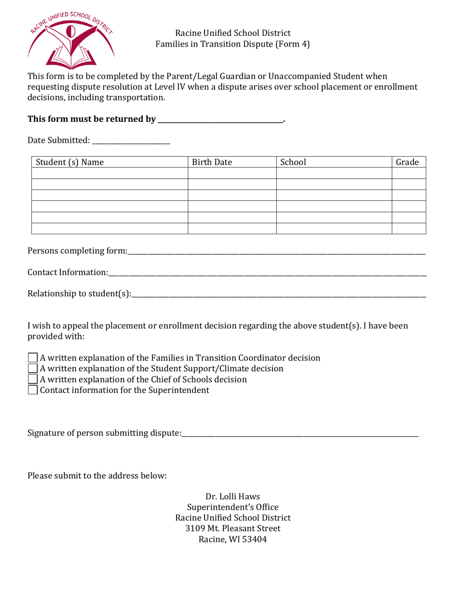 Form 4 Families in Transition Dispute Form - Racine Unified School District - Wisconsin, Page 1