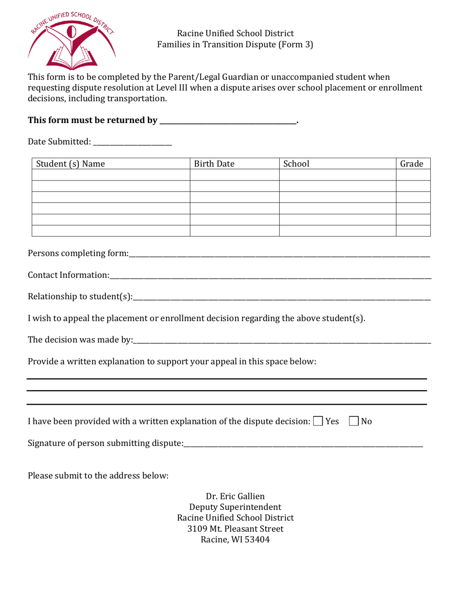 Form 3 Families in Transition Dispute Form - Racine Unified School District - Wisconsin, Page 1