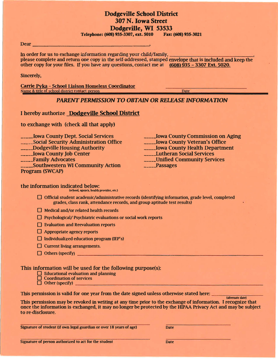 Parent Permission to Obtain or Release Information - Dodgeville School District - Wisconsin, Page 1