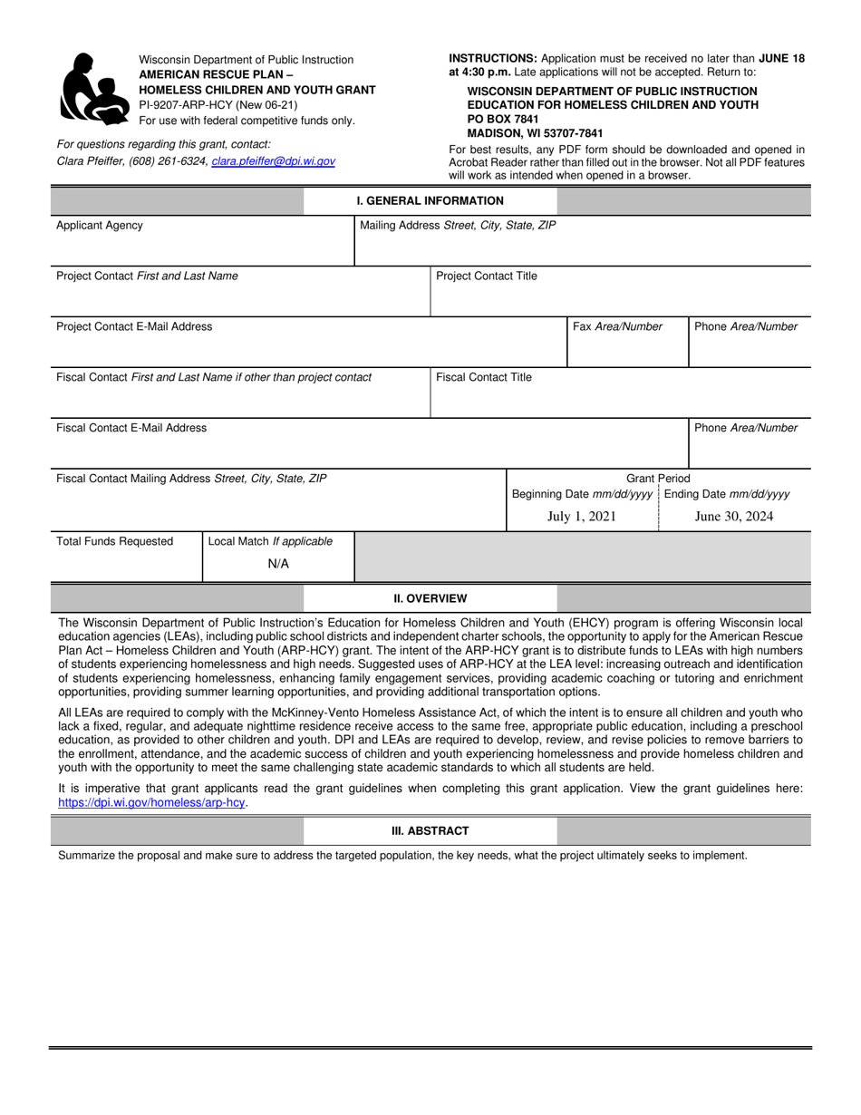 Form PI-9207-ARP-HCY American Rescue Plan - Homeless Children and Youth Grant - Wisconsin, Page 1