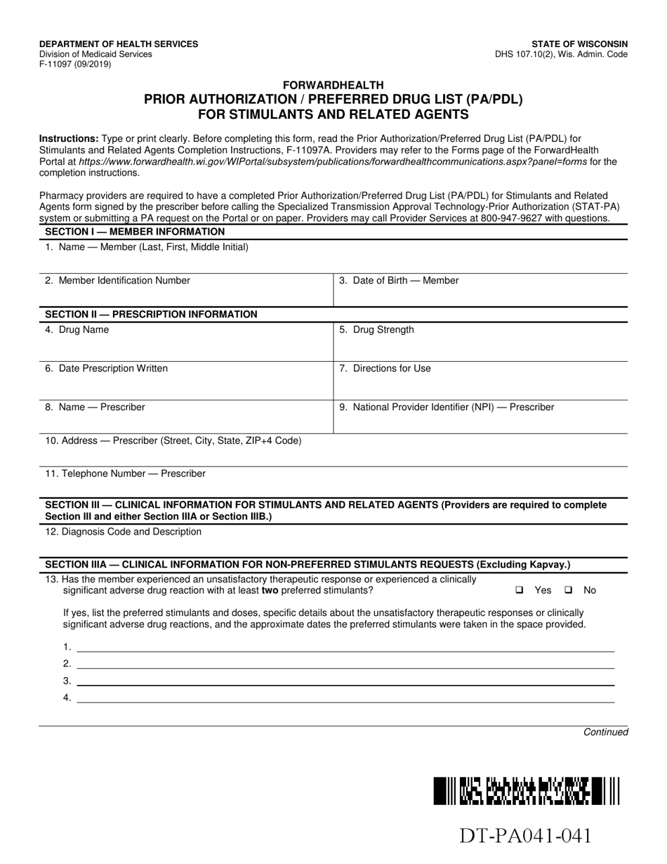 Form F-11097 Prior Authorization / Preferred Drug List (Pa / Pdl) for Stimulants and Related Agents - Wisconsin, Page 1
