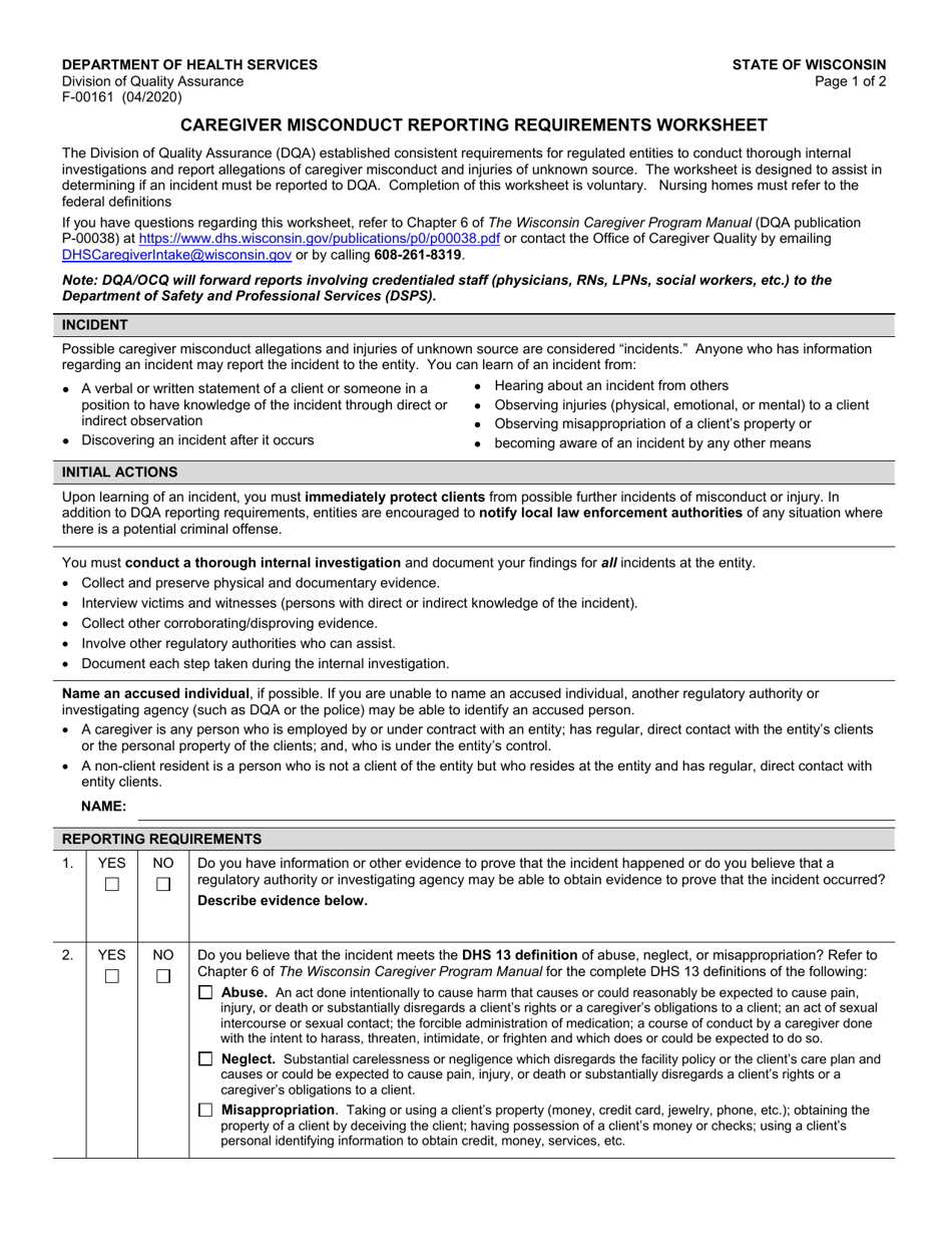 Form F-00161 Caregiver Misconduct Reporting Requirements Worksheet - Wisconsin, Page 1