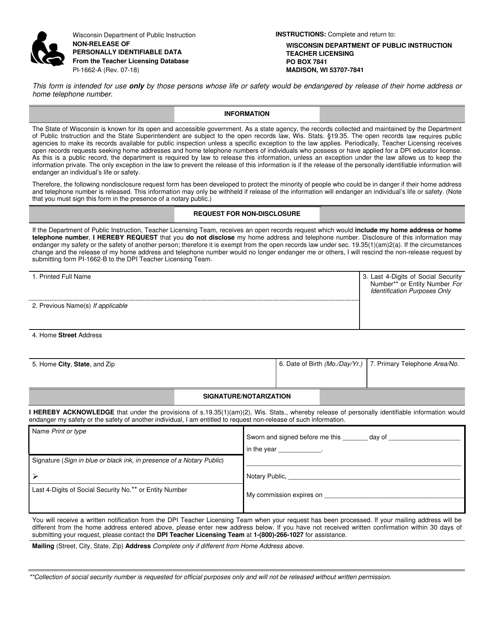 Form PI-1662-A Non-release of Personally Identifiable Data - Wisconsin